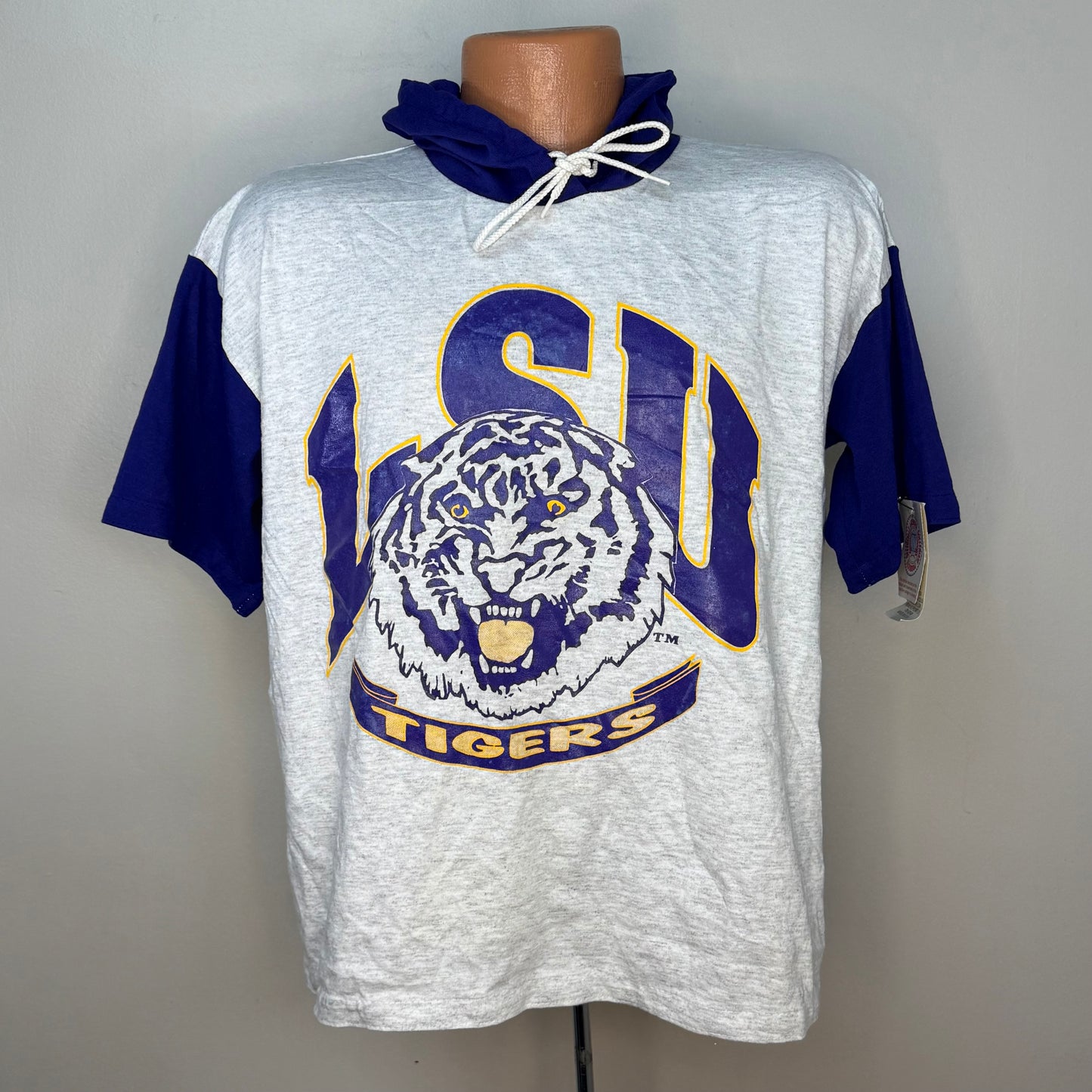 1990s LSU Tigers Hooded T-Shirt, Color Block, Louisiana State University, Pro Star Sports Size Large/XL
