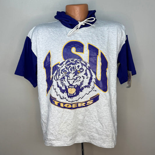 1990s LSU Tigers Hooded T-Shirt, Color Block, Louisiana State University, Pro Star Sports Size Large/XL