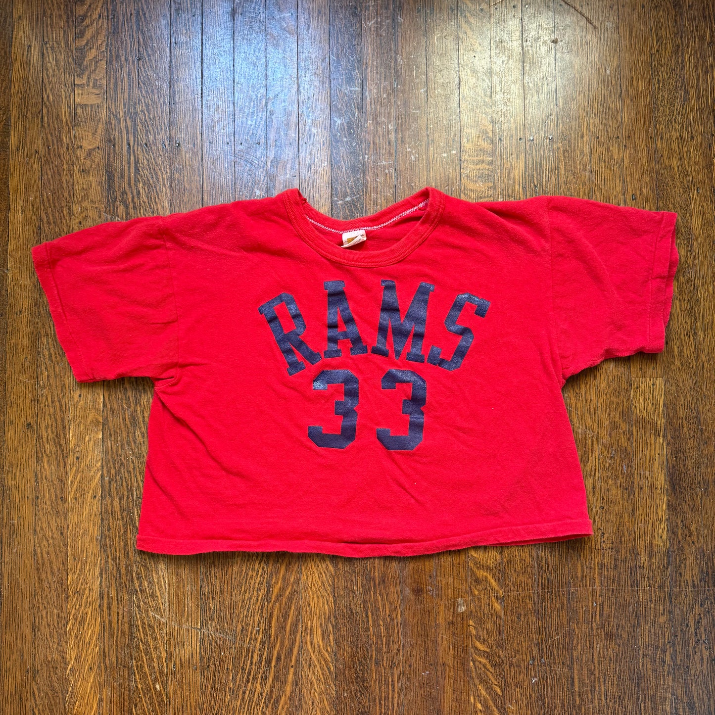 1970s Rams Football Red Cropped T-Shirt, Russell Athletic Size M/L, Number 33