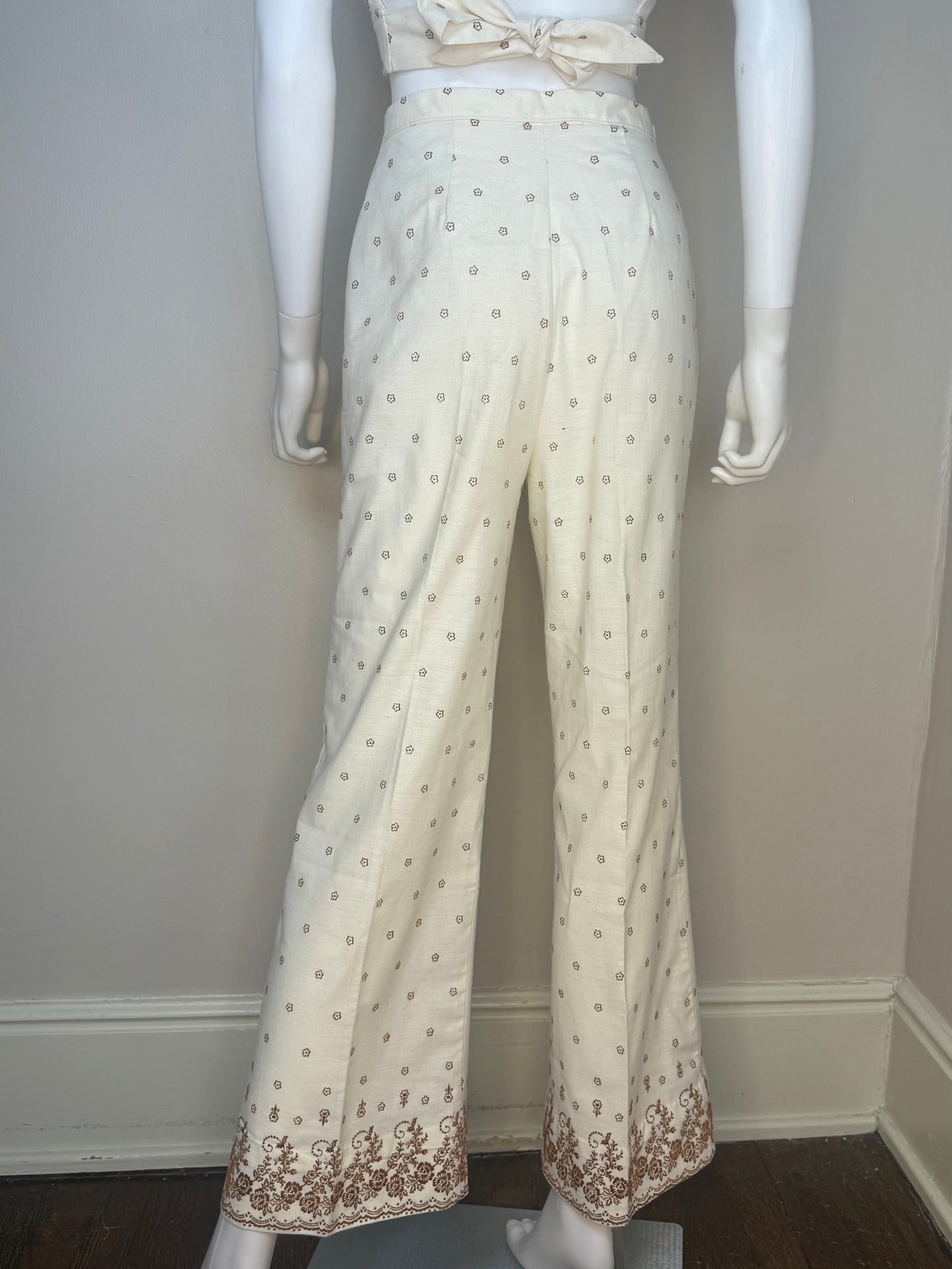 1970s 3 Piece Pant Suit, Cream and Brown Flocked Floral Border Print, Halter Top, Slacks, Asian Inspired Shirt Jacket, JC Penney Fashions Size XS/Small