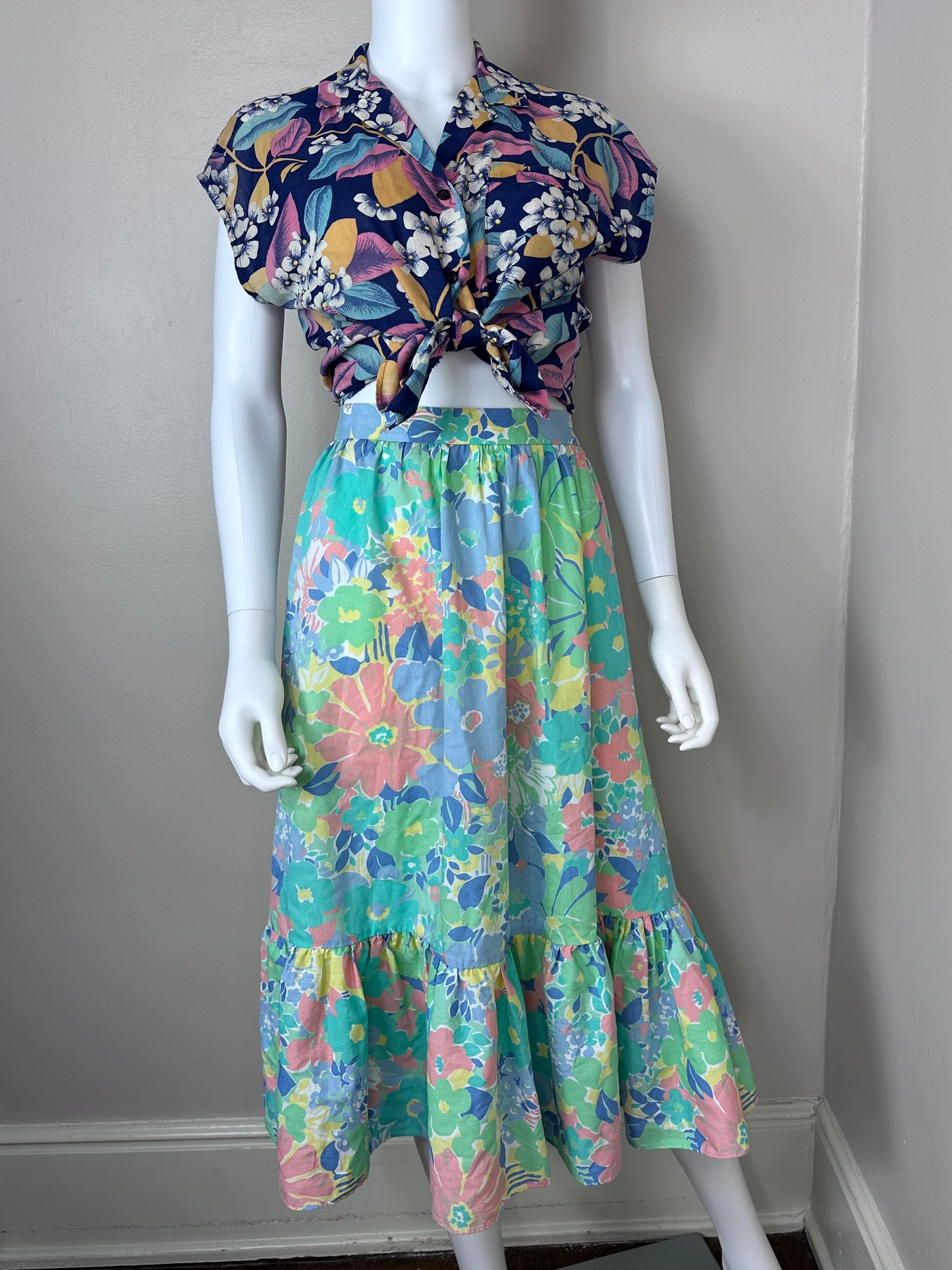 1970s Floral Midi Skirt, The Gathering, Sears Size S/M