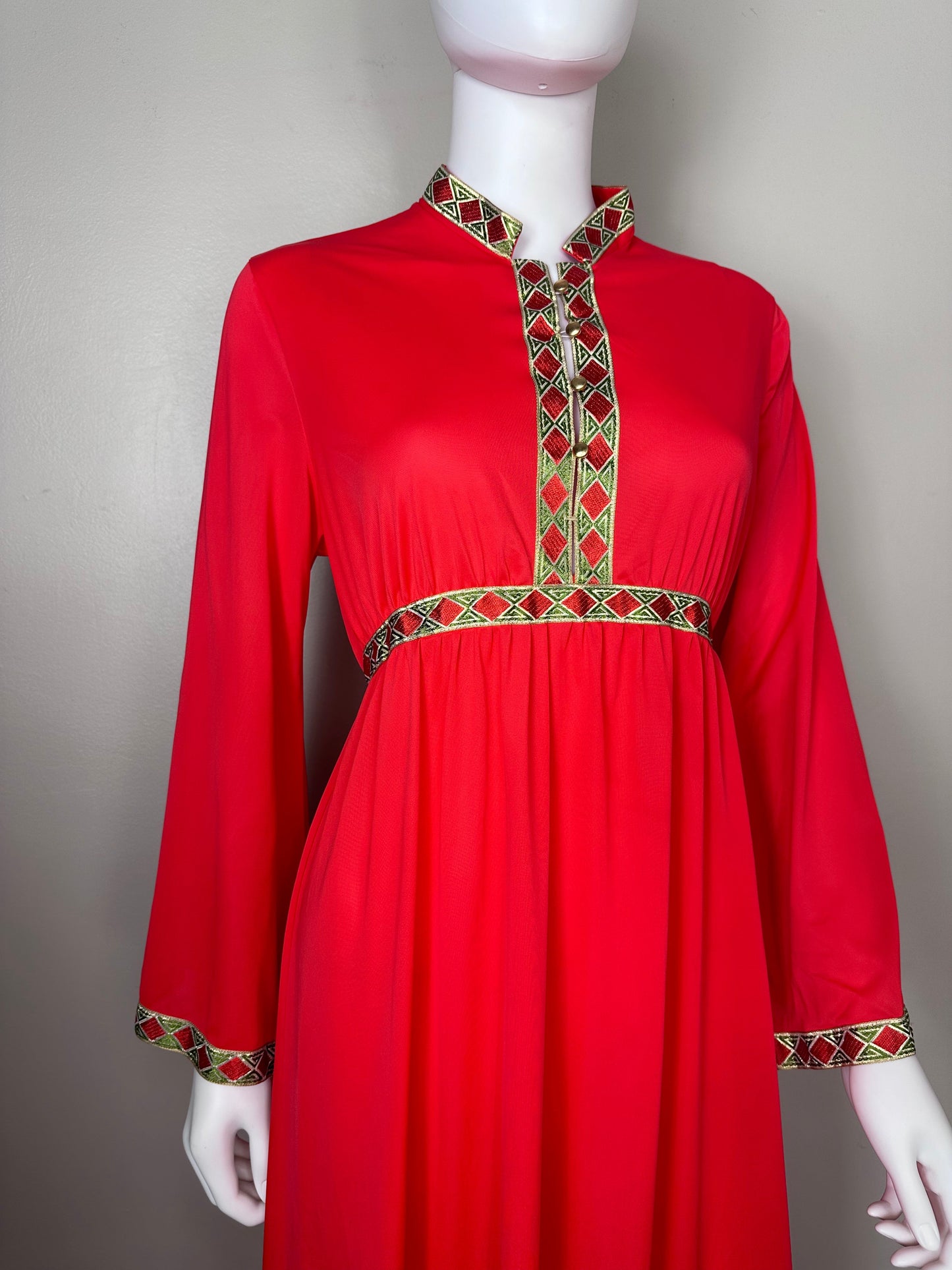 1970s Red Nightgown with Gold Trim, Lorraine Size S/M