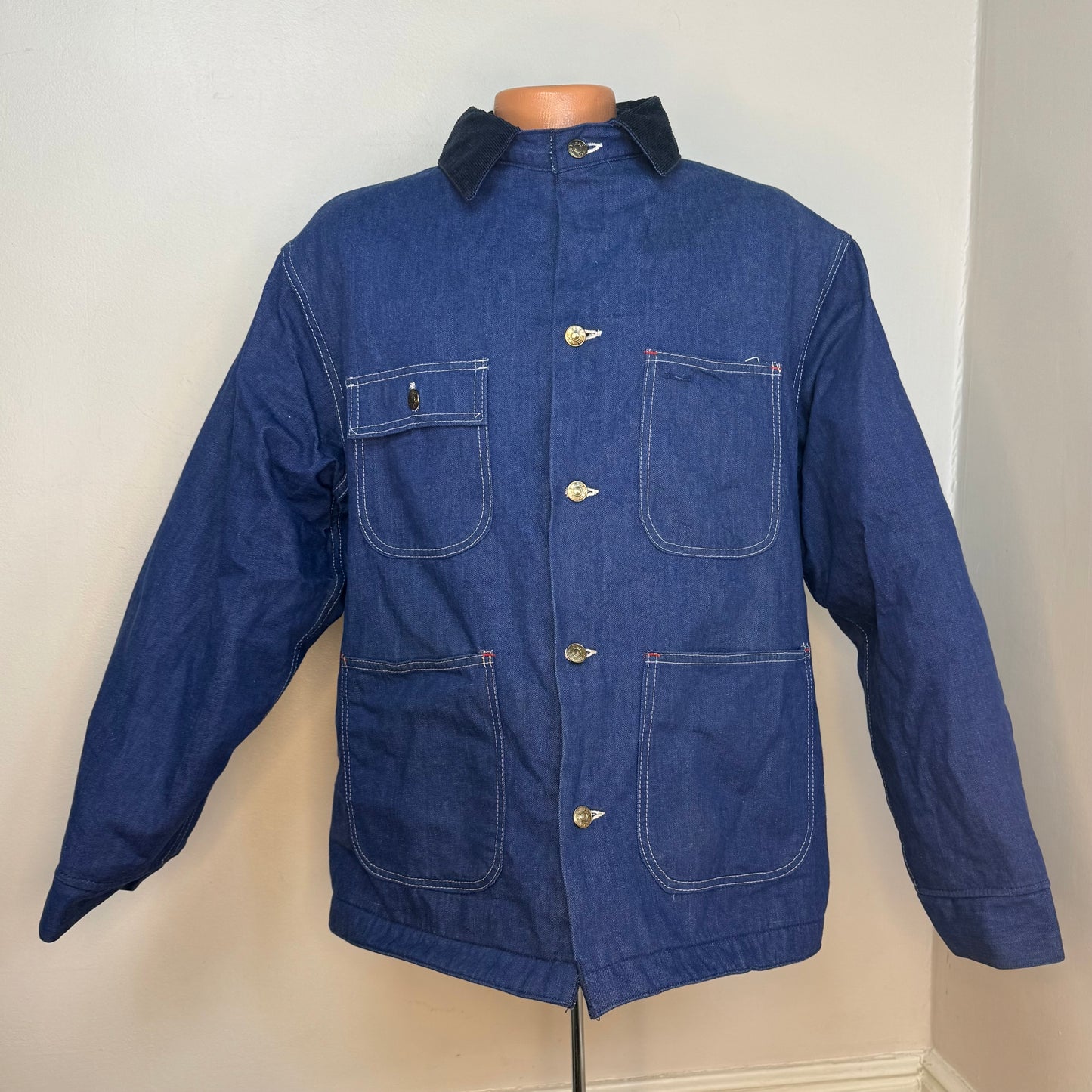 1970s Denim Chore Coat, Blanket Lined Jacket, Ely Size 44, Corduroy Collar
