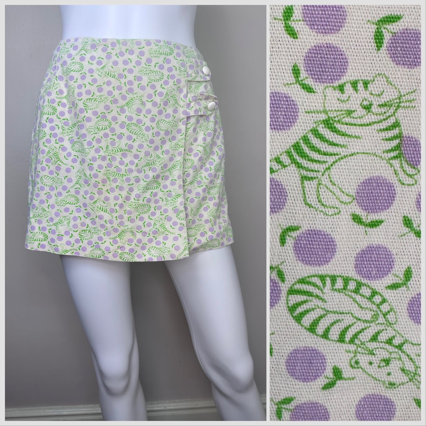 1960s Cat Print Skort, Size XS, High Waisted Micro Mini Skirt, Shorts