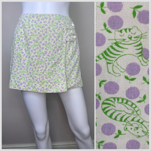 1960s Cat Print Skort, Size XS, High Waisted Micro Mini Skirt, Shorts