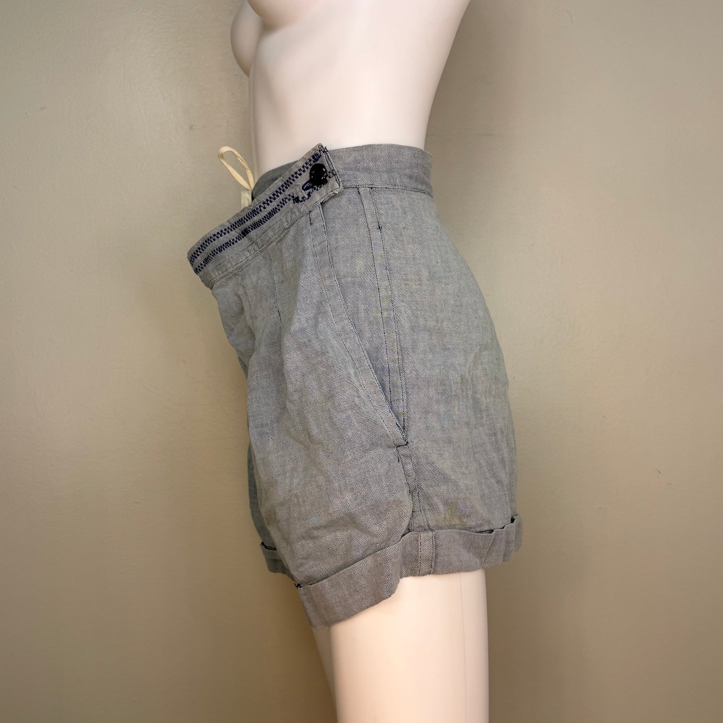 1940s Maternity Chambray Shorts, Handmade Size Medium