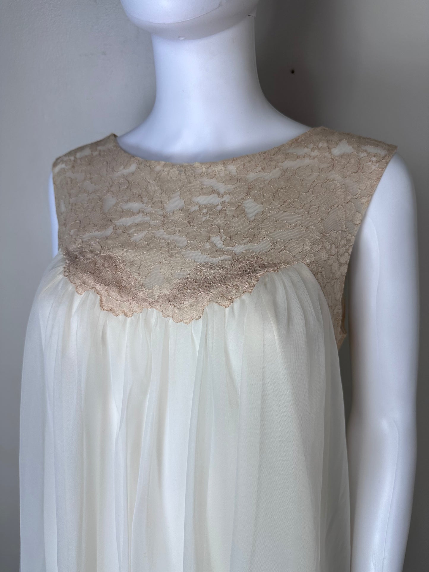 1950s Vanity Fair Peignoir Set, Size Small, Cream Sheer Nylon and Tan Lace Lingerie, Nightgown and Robe