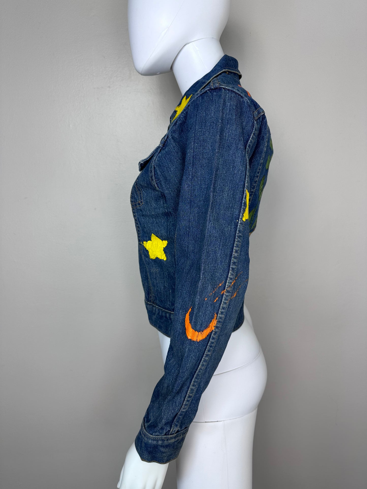 1970s Denim Jacket, Hand Painted, Size Youth Large/Adult XS