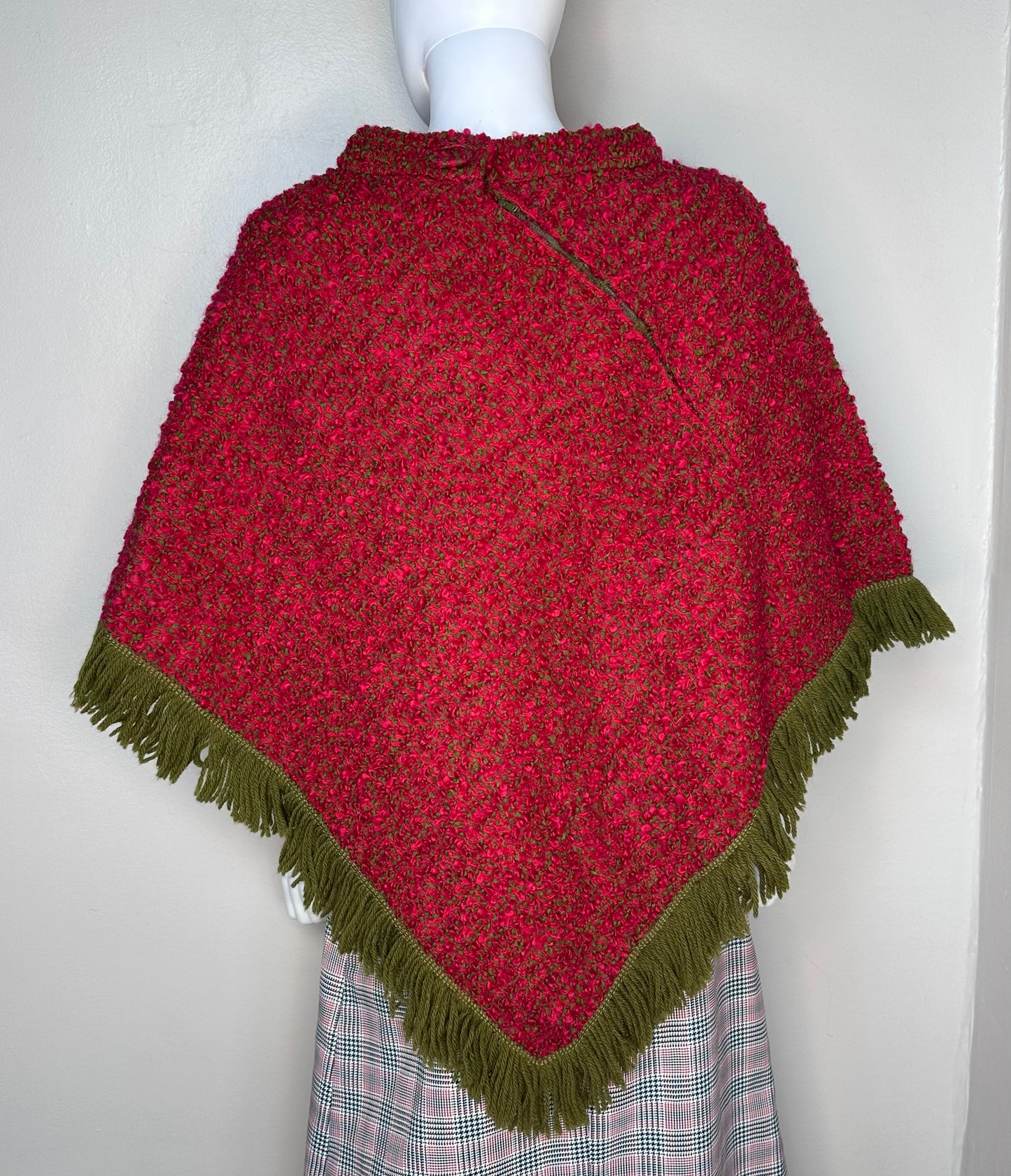 1960s/70s Red and Green Boucle Poncho with Fringe, Handmade Size Small