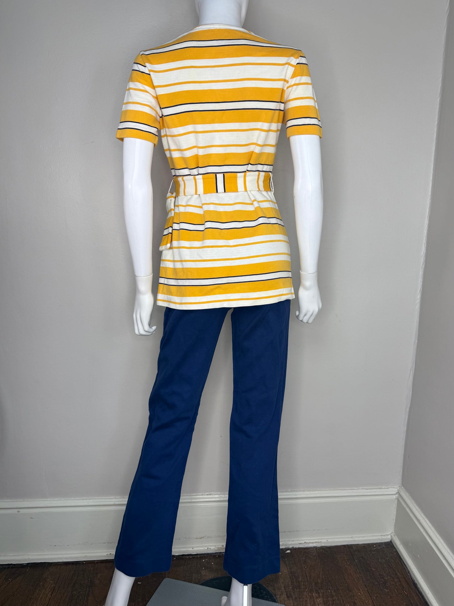 1960s Yellow Striped Tunic and Navy Blue Knit Pants Set, Jantzen Size XS-Small, V Neck Belted T-Shirt