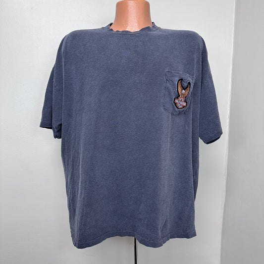 1980s Harley Davidson Motorcycles Memphis T-Shirt, Holoubek Brand, Faded Black Pocket Tee with Eagle Patch