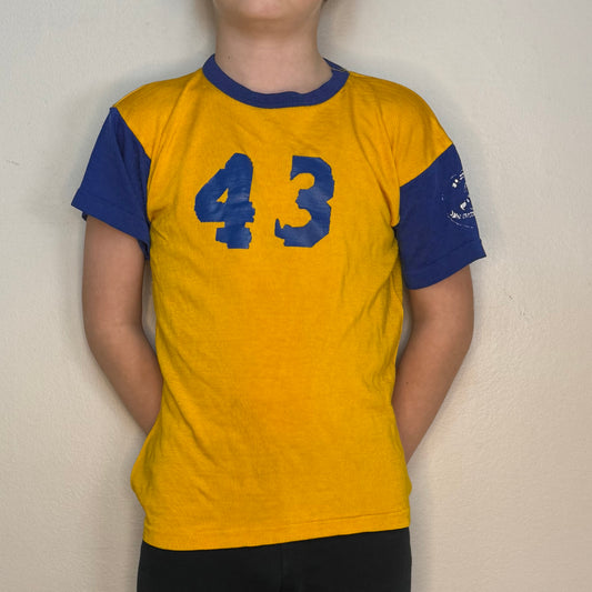 1960s/70s Kids’ Yellow and Blue Durene Jersey T-Shirt, Size Youth Medium, No 43, Distressed