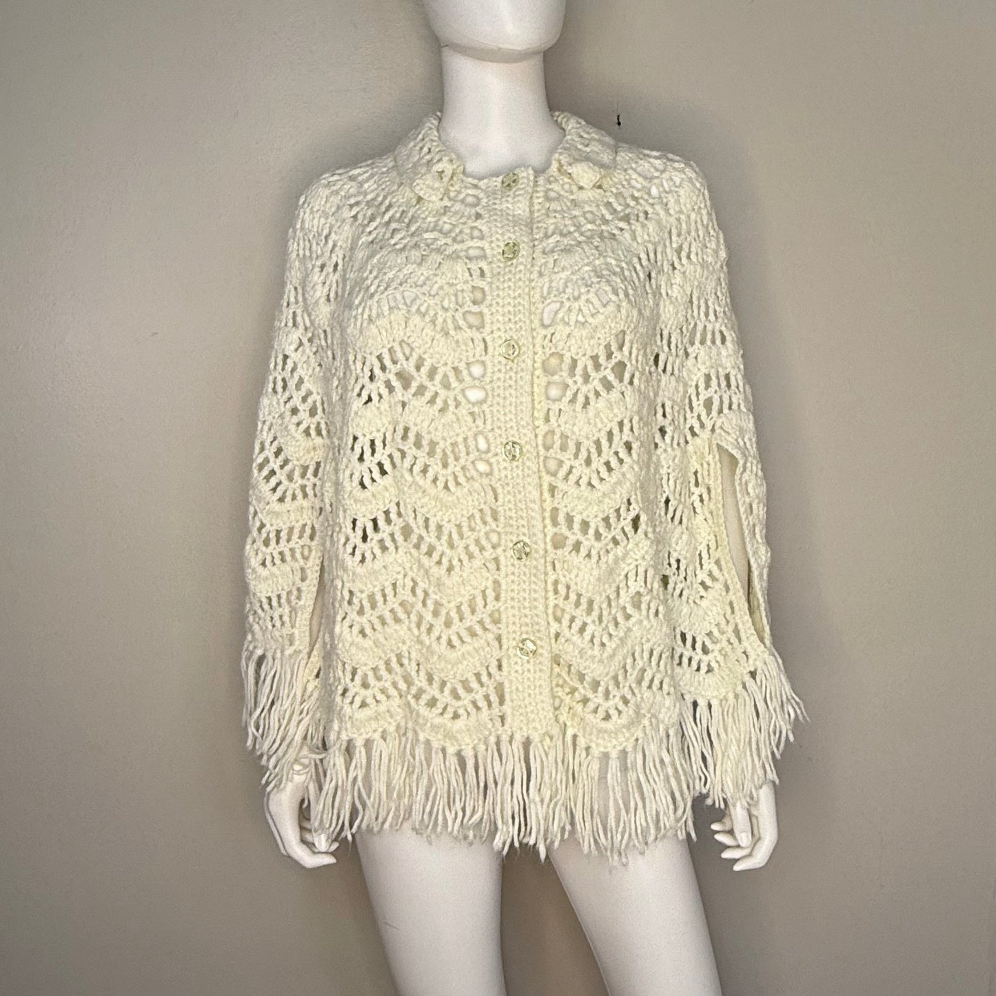 1970s Off White Crochet Cape w/Fringe, Poncho, Button Front Collar Boho Sweater