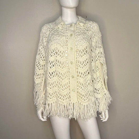 1970s Off White Crochet Cape w/Fringe, Poncho, Button Front Collar Boho Sweater