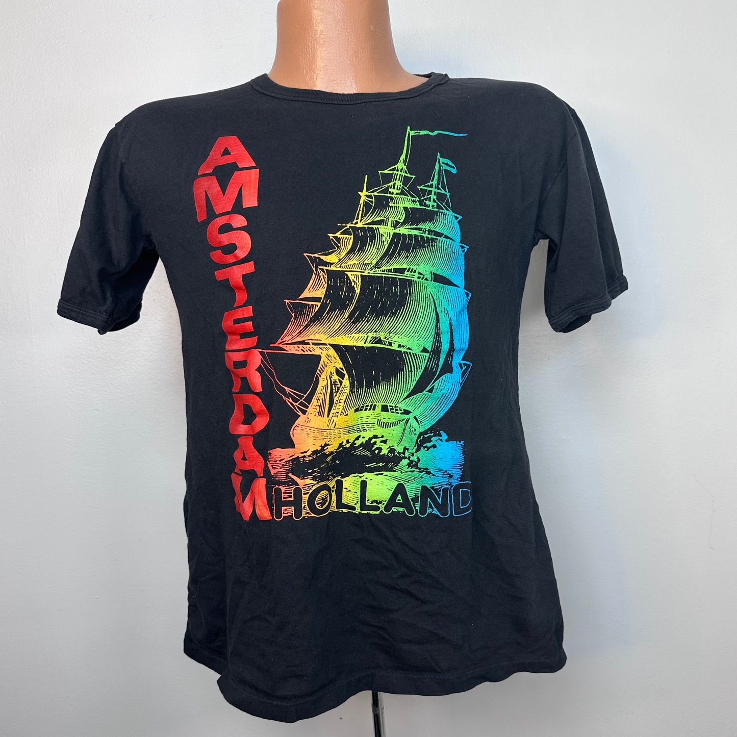 1990s Amsterdam Holland T-Shirt, Wifar, Rainbow Print Ringer Tee Size Small/Medium