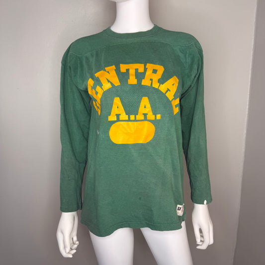 1940s Green Cotton Jersey T-Shirt, Central High Memphis AA, Champion Knitwear Company Running Man Size Medium