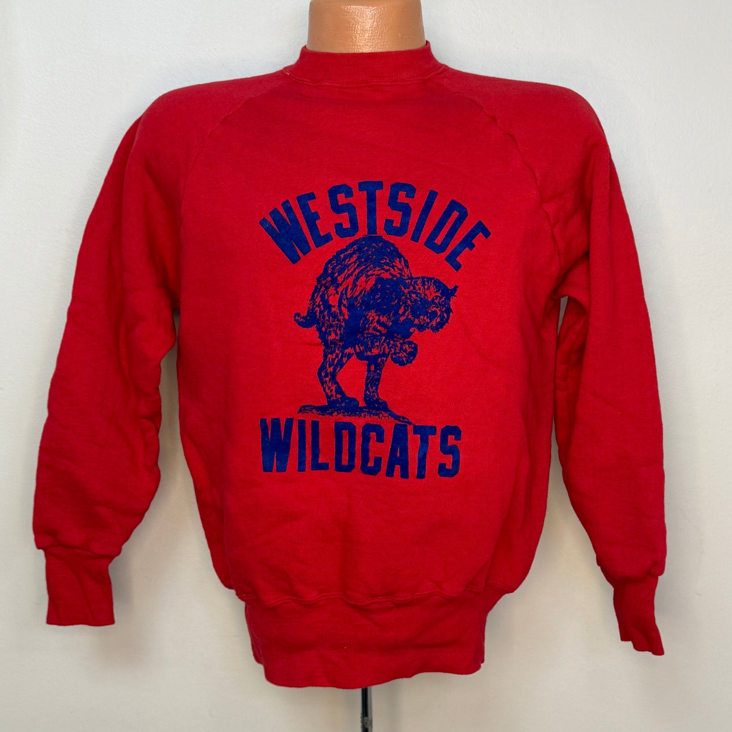 1950s Westside Wildcats Sweatshirt, Red with Blue Flocked Cat, Size Medium-Large