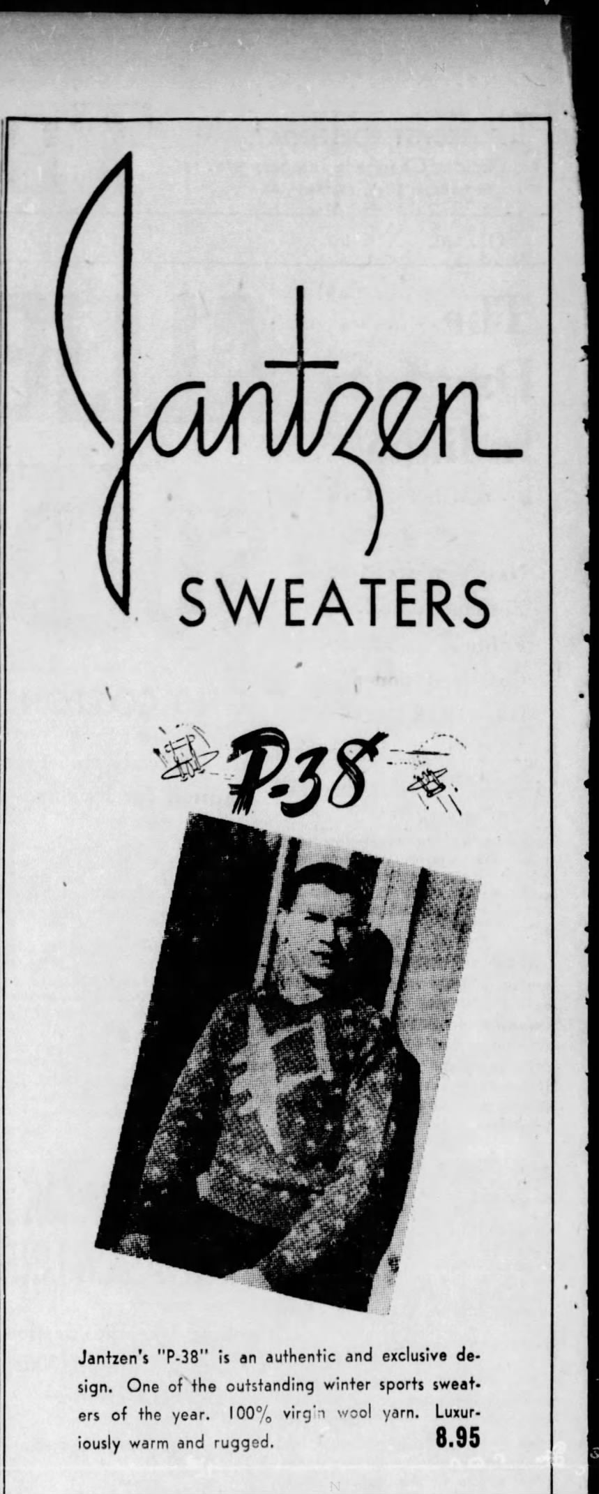 1940s Jantzen P-38 Sweater, Blue, Size 40, WW2 Fighter Jet Plane Novelty Knit