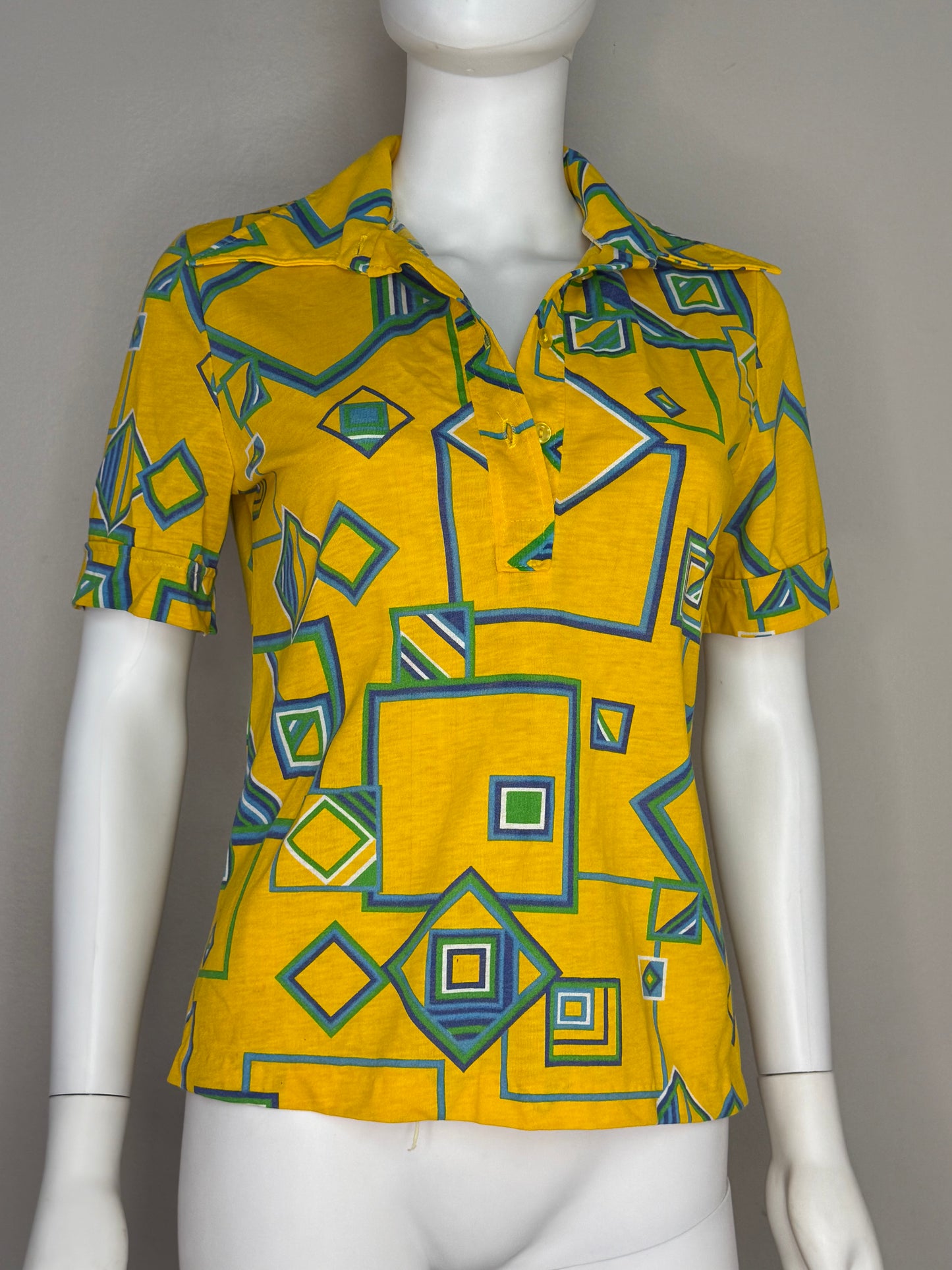 1970s Yellow Geometric Print Polo Shirt, Janstorp International Swedish Design Size Small