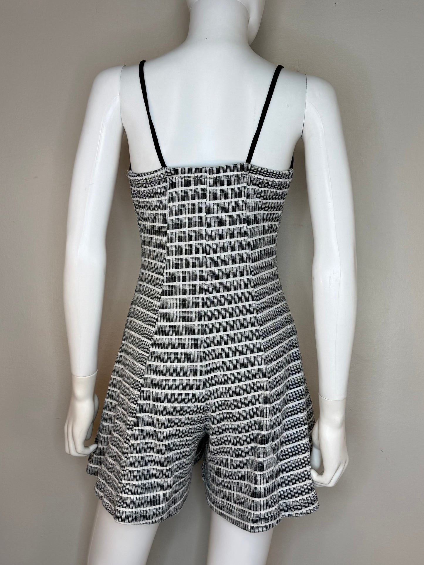 1990s Black and White Stripe Knit Romper, Cargo Size Small, Sleeveless
