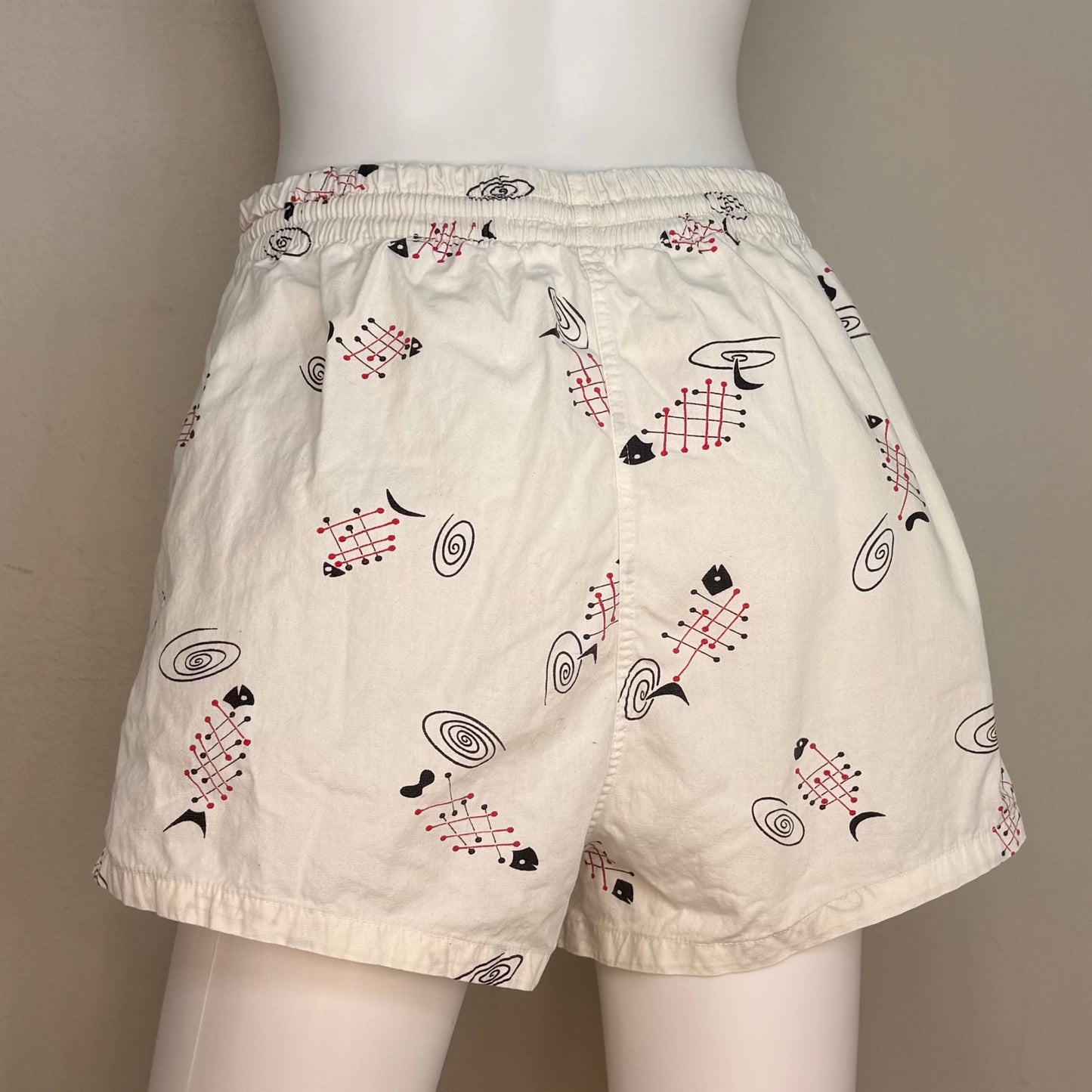 1950s Men’s Swim Trunks, Fish Bones Novelty Print, Cotton Swimsuit Shorts, Size Small