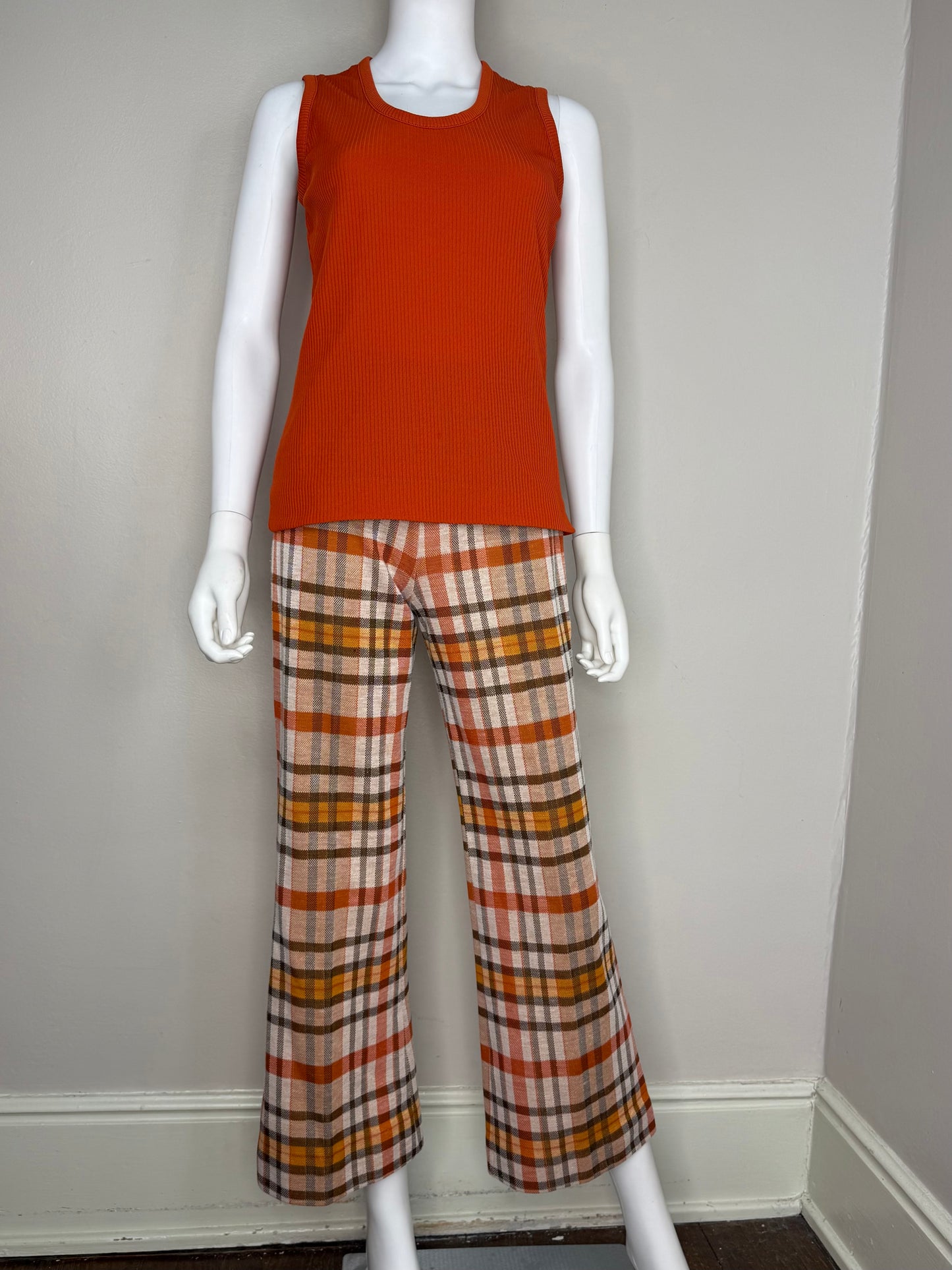 1970s Women’s Plaid Double Knit Pant Suit, Vest Top and Pants set, Peck & Peck for Act III Size Small