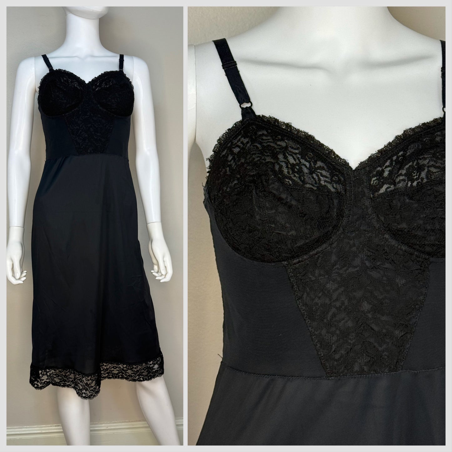1960s Black Lace Full Slip, Pauline Gordon Pettico Bra Slip Size Small, Lingerie