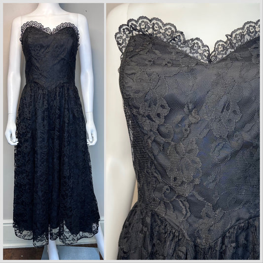 1980s Black Lace Strapless Dress, Superstition Size Small, Sweetheart Neckline