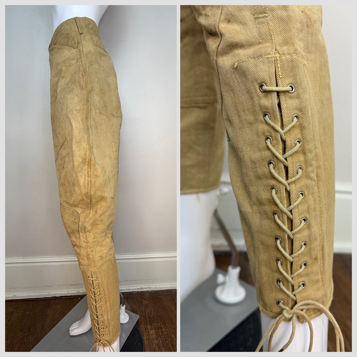 1910s WW1 Khaki Canvas Jodhpurs Pants, Summer Riding Breeches, Distressed Patina, 33"x26.25"
