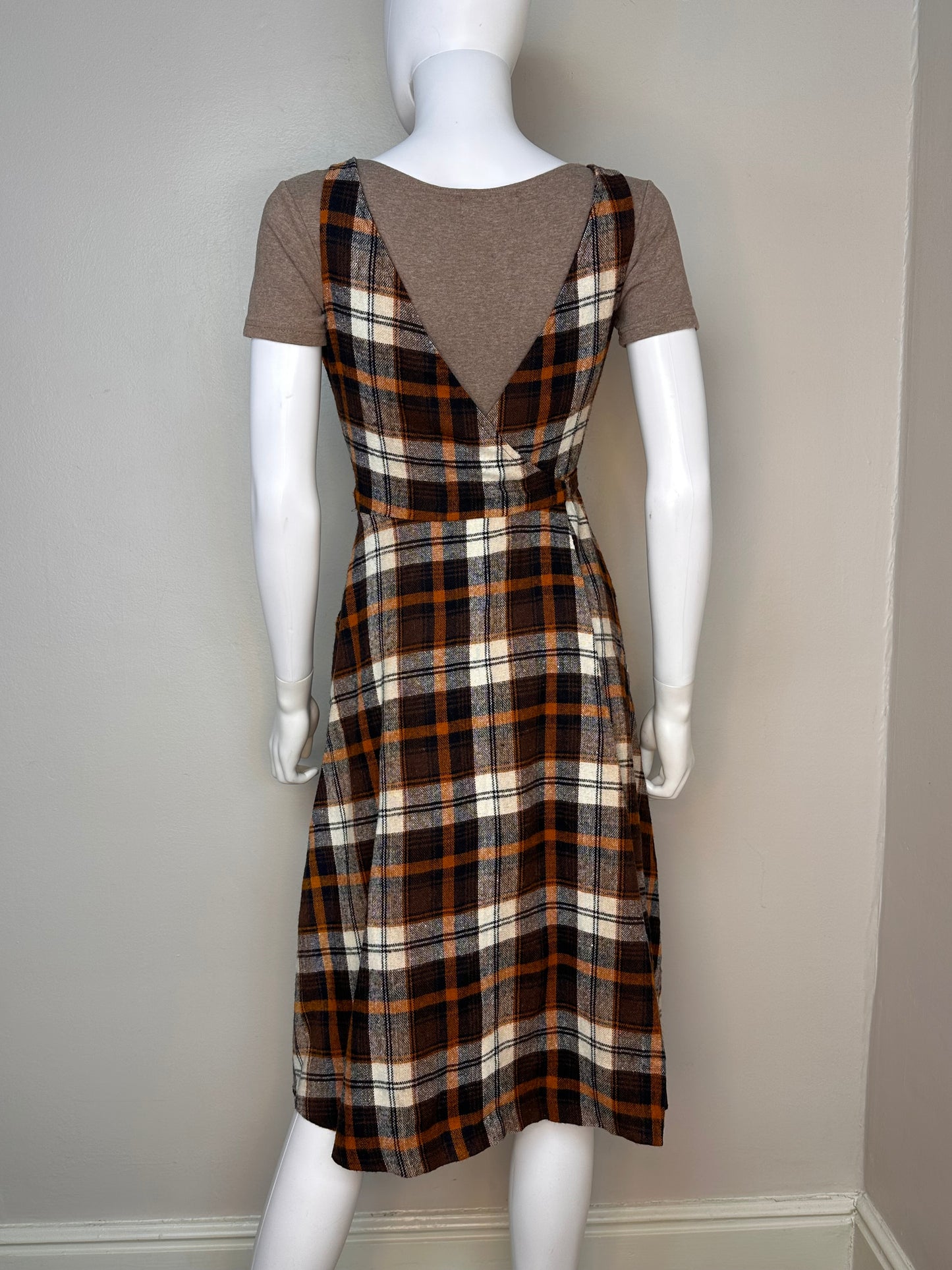 1970s Brown Plaid Sleeveless Wrap Dress, Terri Juniors California, Jumper