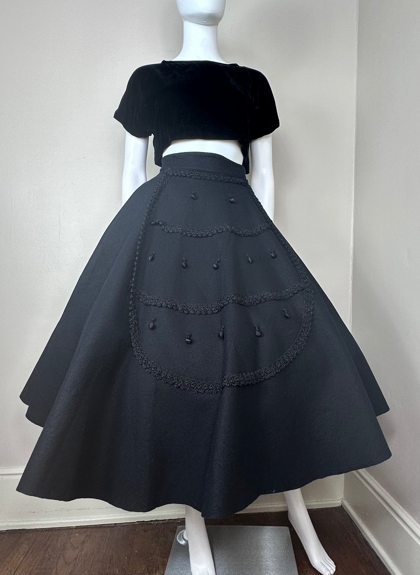 1950s Black Felt Circle Skirt, Embellished, Size XXS