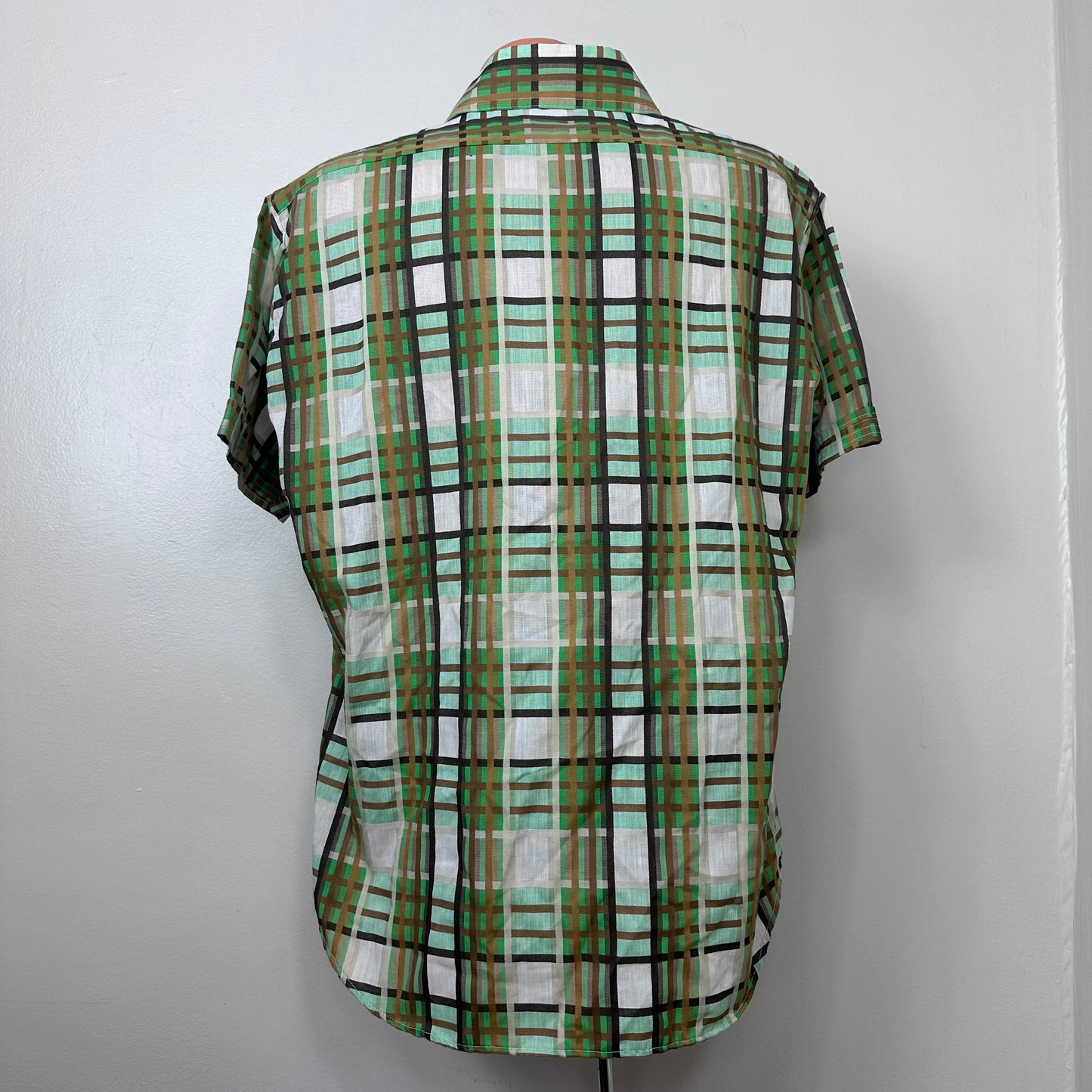 1970s/80s Green Plaid Short Sleeve Shirt, Omni New York Size XL