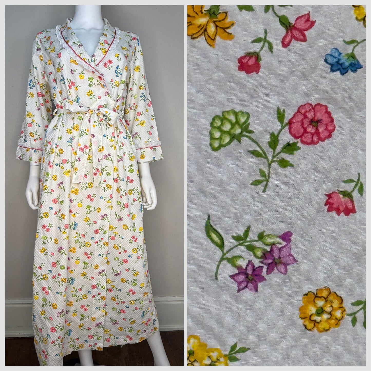 1970s/80s White Floral Robe, Waffle Weave Cotton, Lace Trim, Size Small