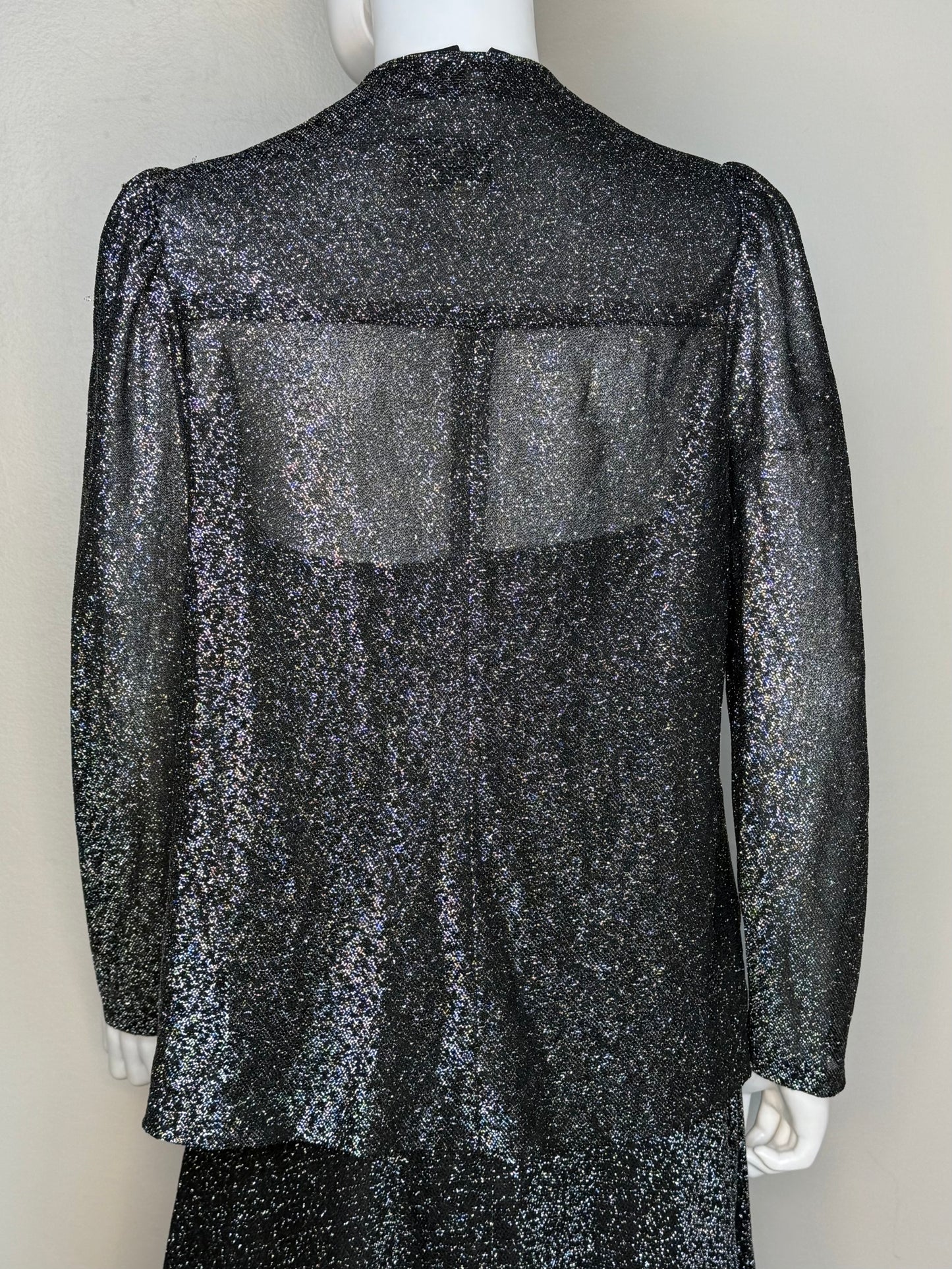 1970s Black and Silver Lurex Halter Maxi Dress with Coverlet, Tie Front Blouse, Corky Craig Size XS