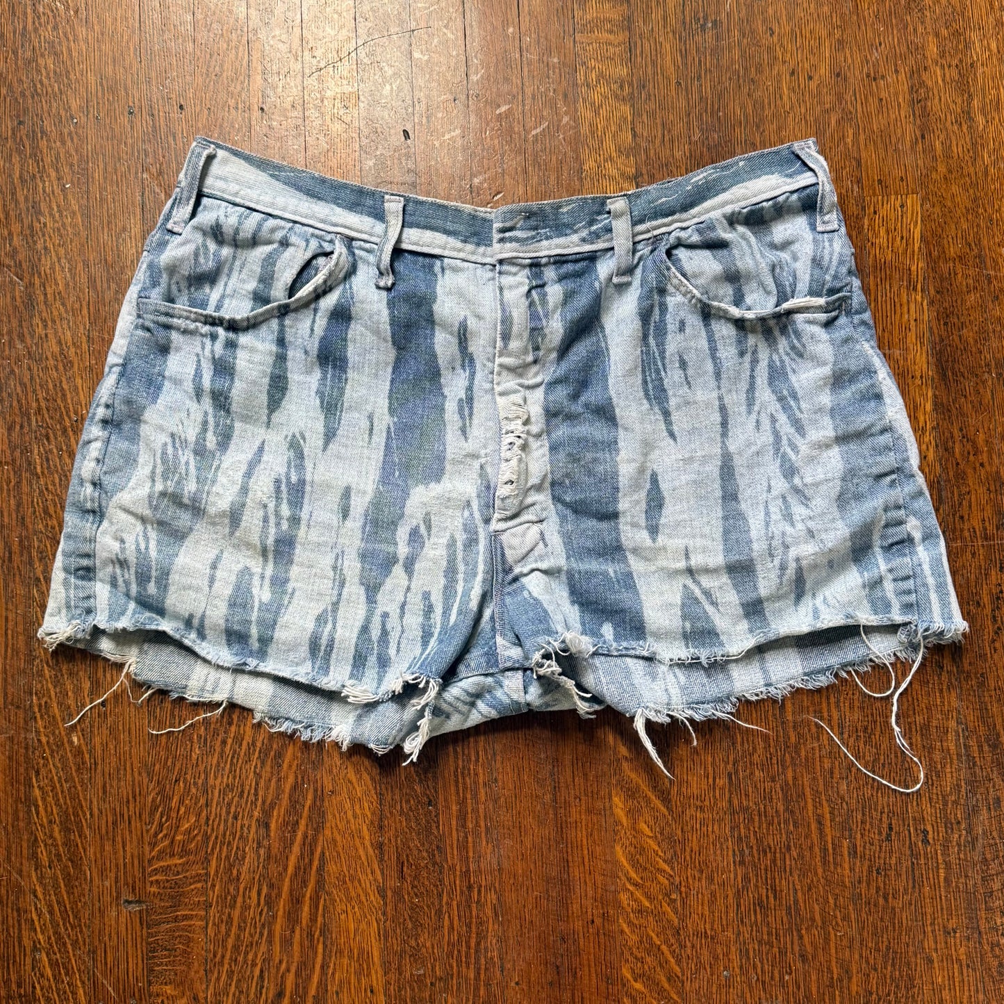 1970s Denim Shorts, Cut Off Jeans, Bleached Zebra Stripe, 35" Waist, Distressed
