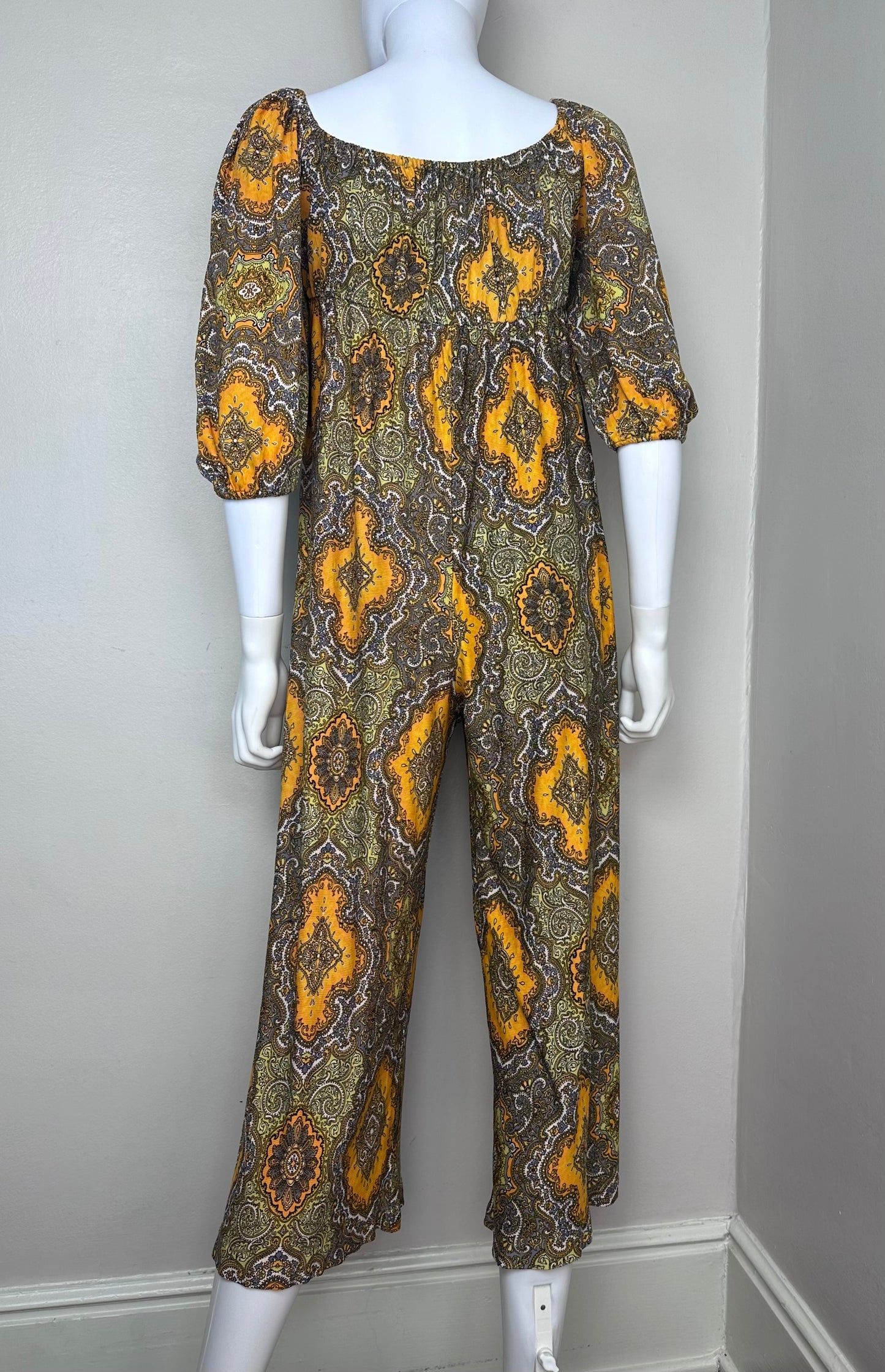 1970s Orange Paisley Print Jumpsuit, Size XS, Wide Leg, Empire Waist, Elastic Neck