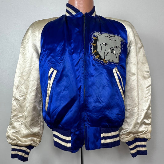 1940s Blue and White Satin Jacket, Grenada High School Band, Lowe & Campbell Athletic Goods Size Small
