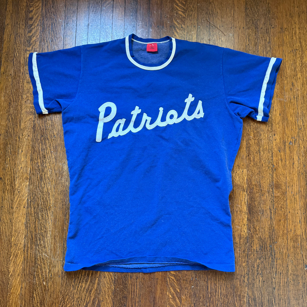 1970s Blue Patriots Jersey T-Shirt, Rawlings Size Large, No 14