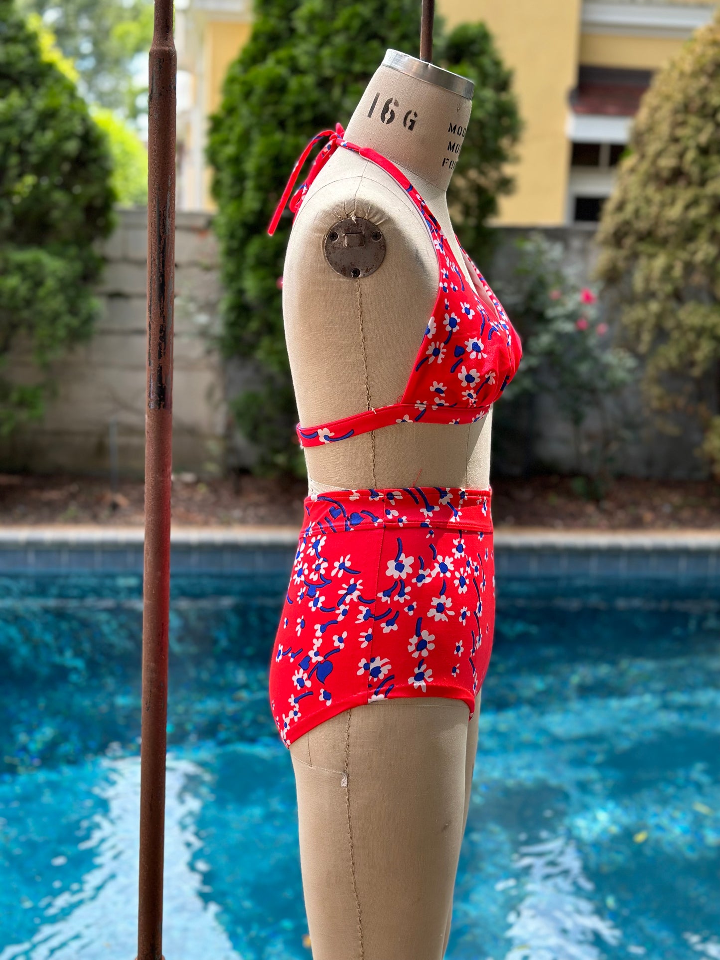 1970s Red Floral Bikini, Jantzen Size XS-Small, Halter Top and High Rise Boy Shorts