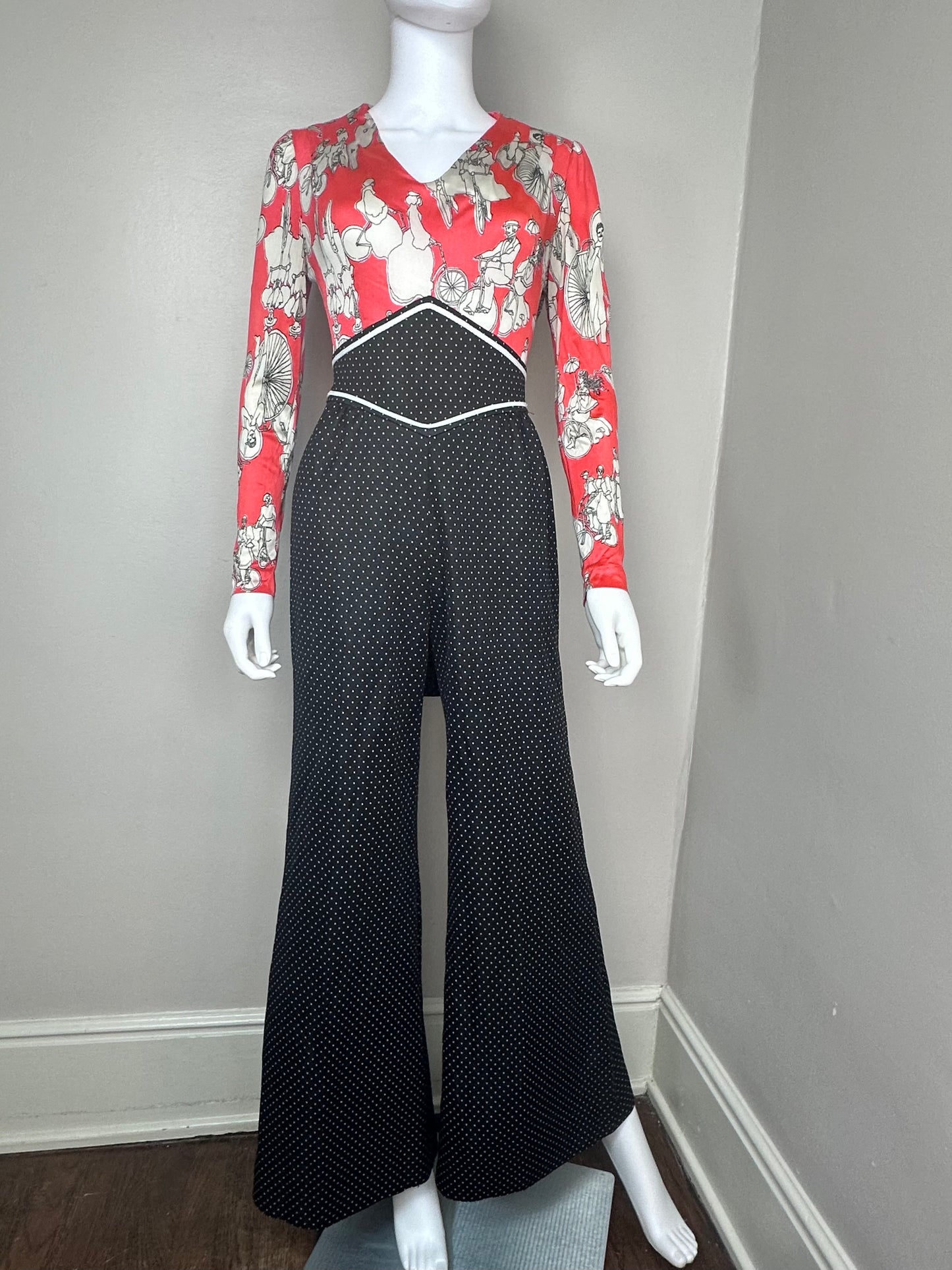 1970s Bellbottom Jumpsuit, PBJ by Jerell Size Small, Antique Bicycle Print Top, Polka Dot Pants