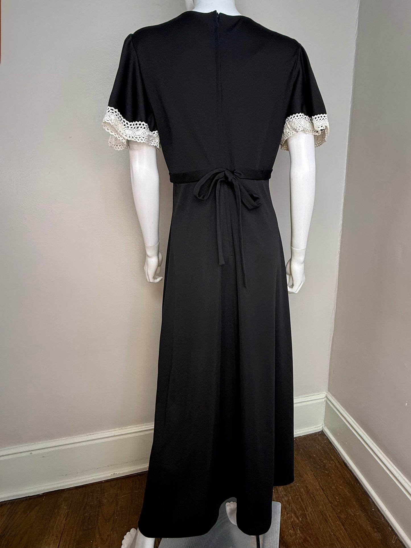 1970s Black Maxi Dress with White Crochet Trim, Sears Fashions Size Large