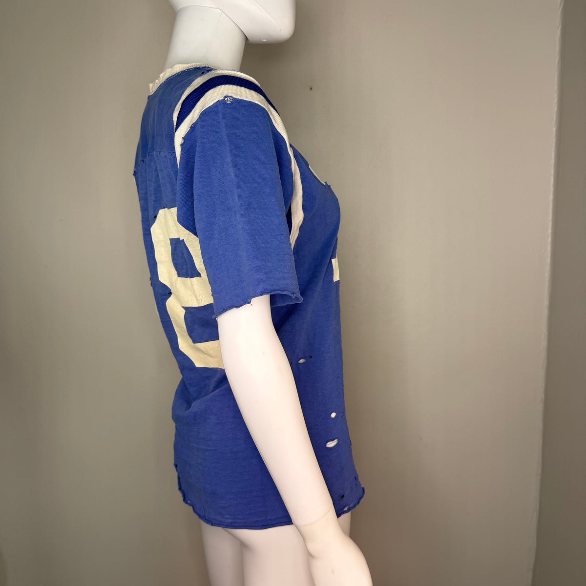 1960s Blue Cotton Jersey T-Shirt, HaneSport Size Small, No. 18, Distressed