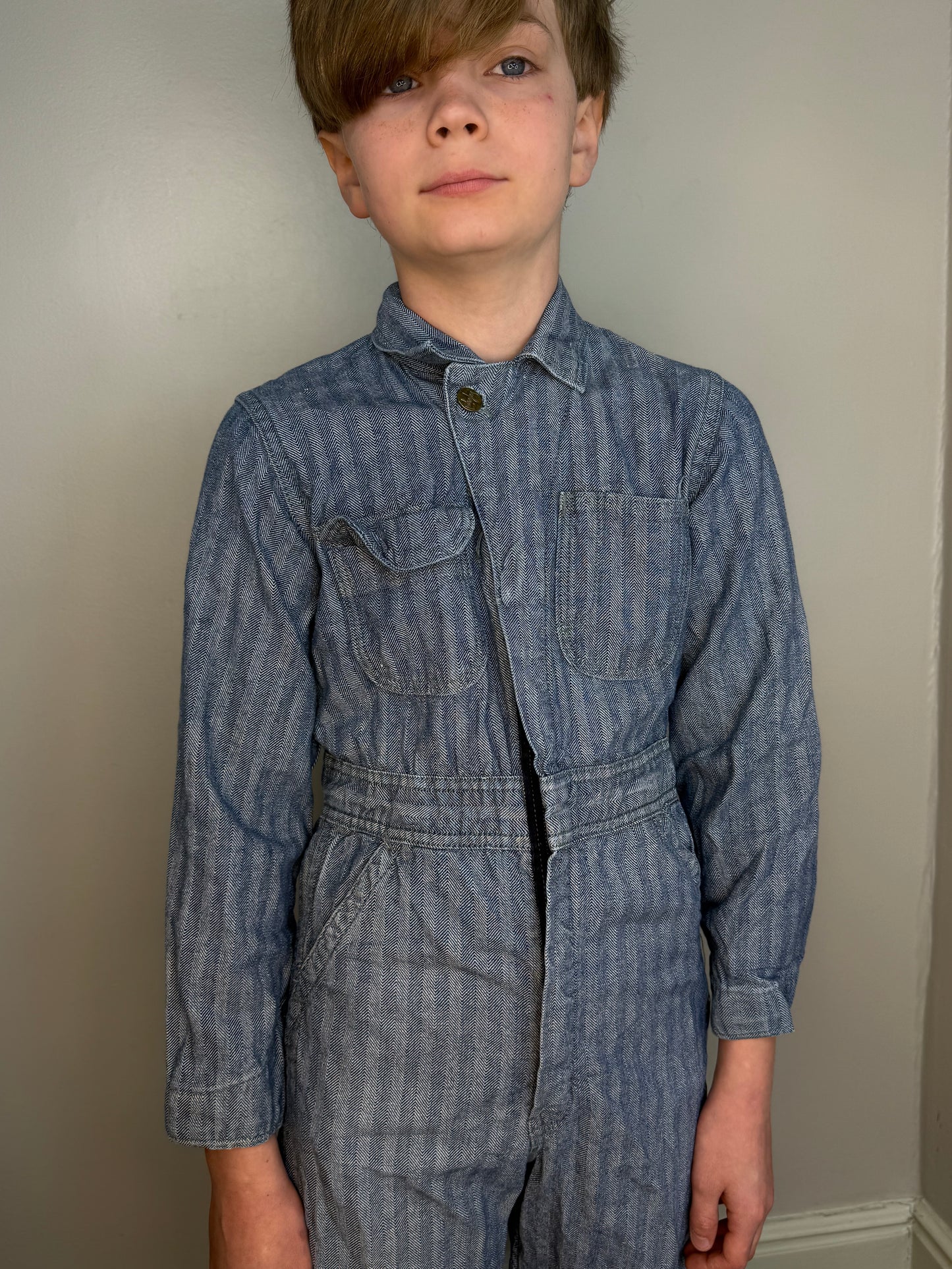 1950s/60s Kids’ Blue Herringbone Twill Coveralls, Big Ben Sanforized Size 8/10, Zip up