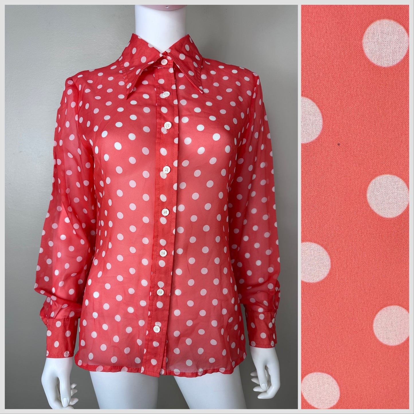 1970s Sheer Coral Polka Dot Blouse, Act III Size M/L, As-Is