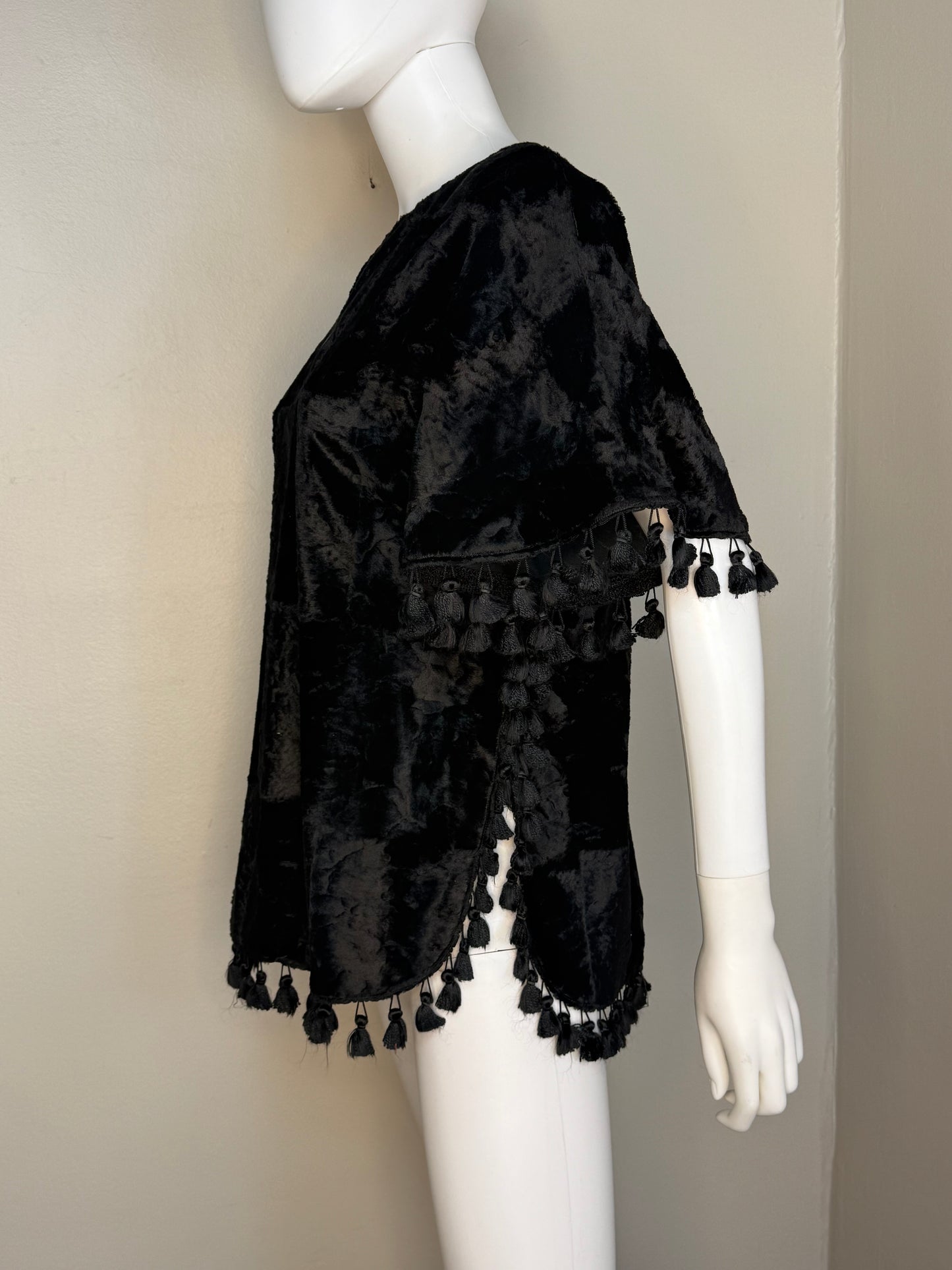 1970s Black Velvet Poncho with Fringe, Handmade Size Small-Medium