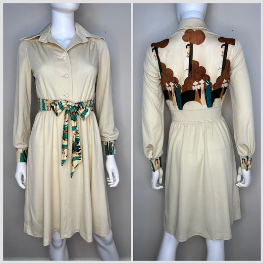 1970s Art Deco Ladies Print Dress, Claire Larabee Size Small