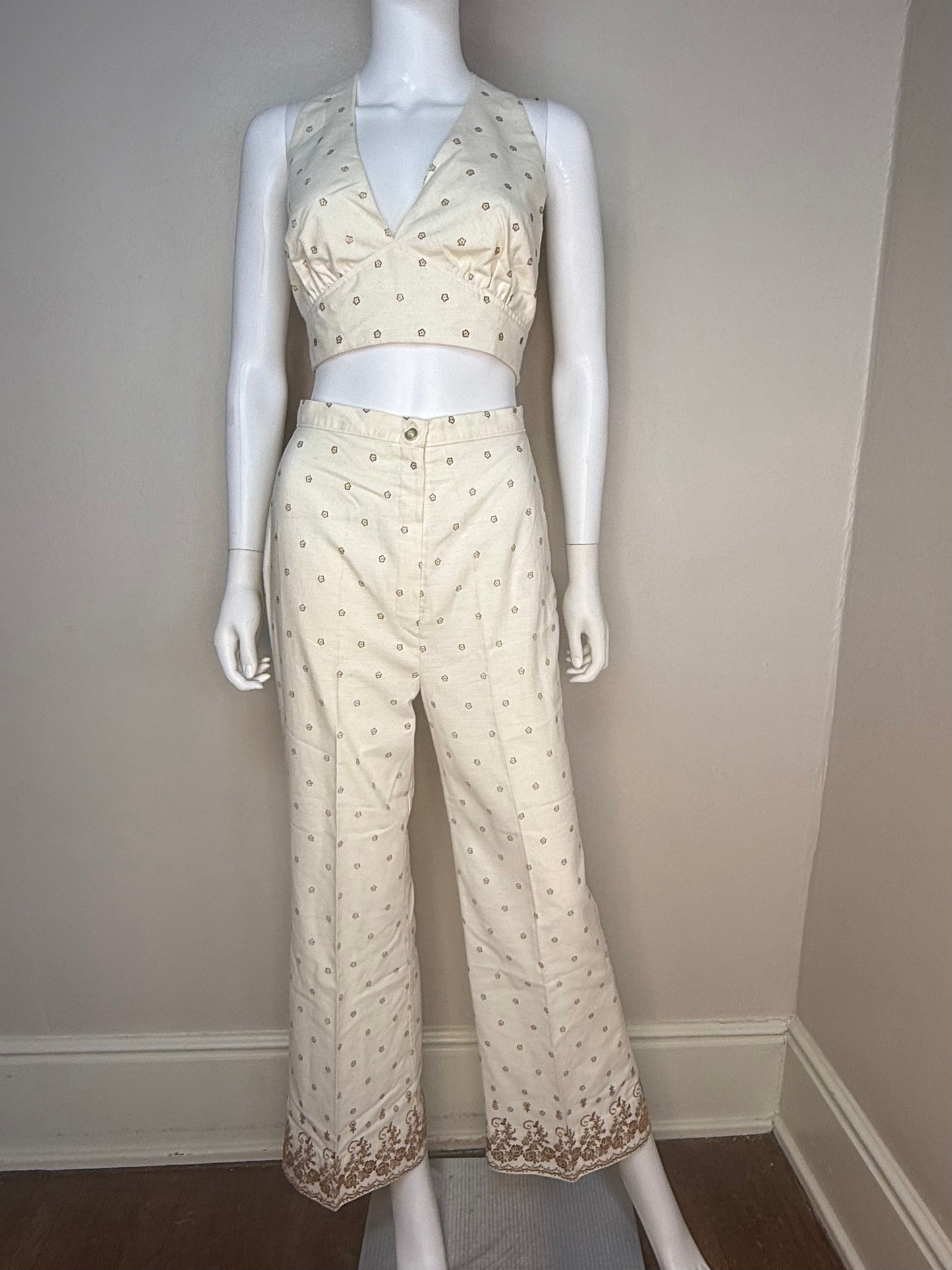 1970s 3 Piece Pant Suit, Cream and Brown Flocked Floral Border Print, Halter Top, Slacks, Asian Inspired Shirt Jacket, JC Penney Fashions Size XS/Small