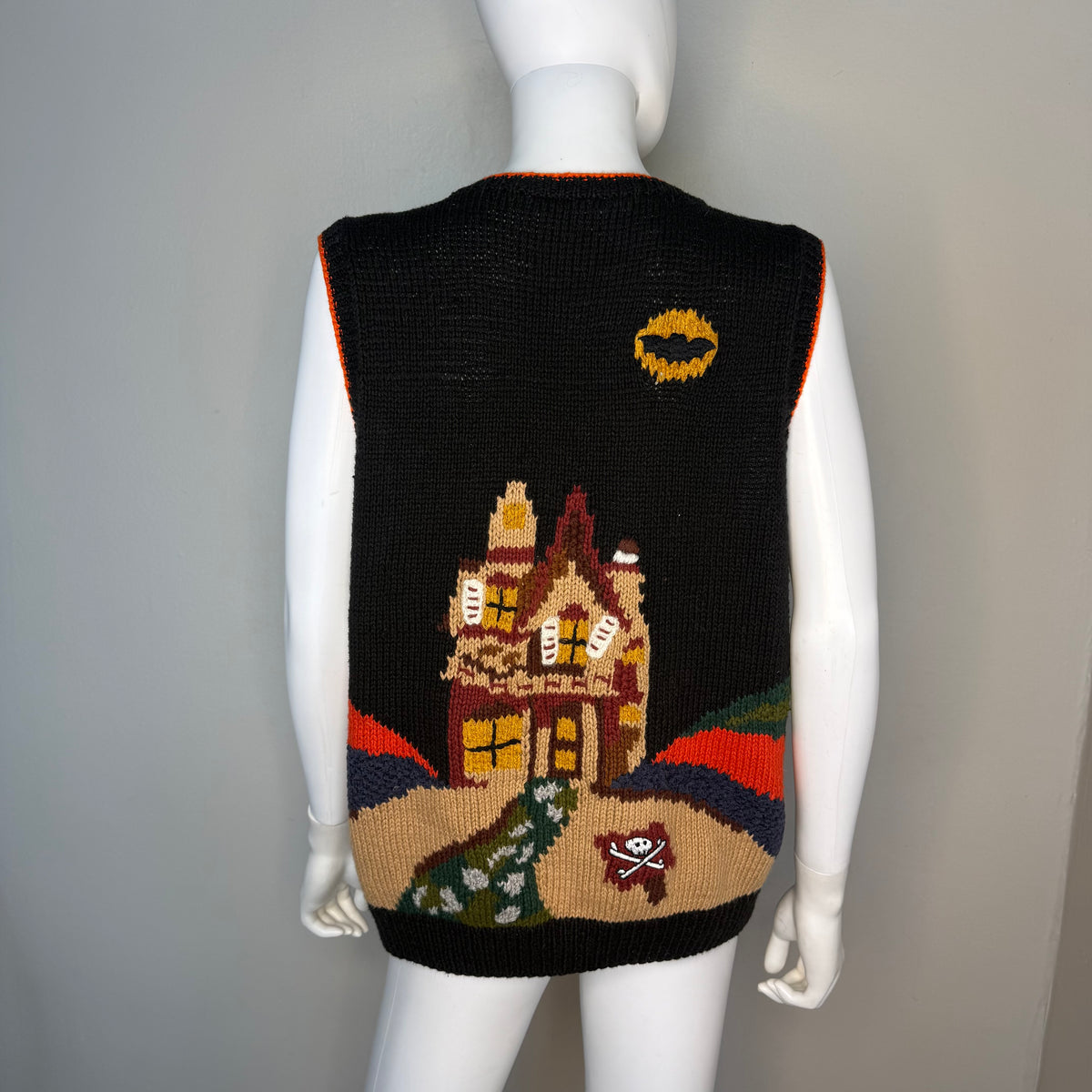 1990s Halloween Sweater Vest Cardigan, Boundary Waters Size Large, Haunted House, Witch, Ghost, Spooky Tree