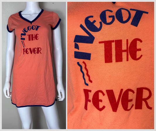 1970s Orange T-Shirt Nightgown, I’ve Got The Fever, Sears Jr Bazaar Size Small