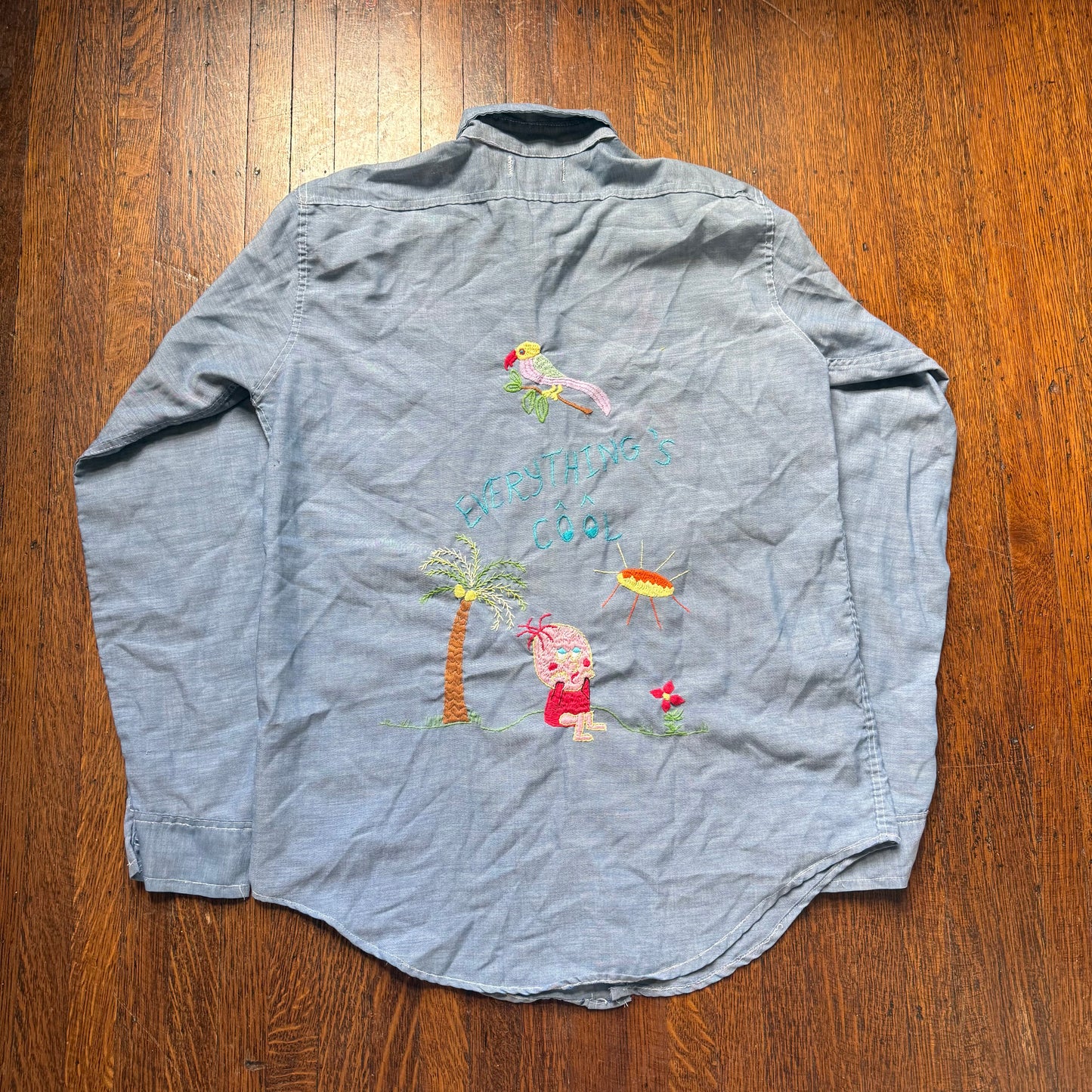 1970s Chambray Shirt with Embroidery, Size Small, Everything’s Fine, Shroom, Smiley, Hand Embroidered